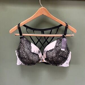 Cacique‎ Seriously Sexy Collection Bra Black Lace Strappy Back Floral Print 42C